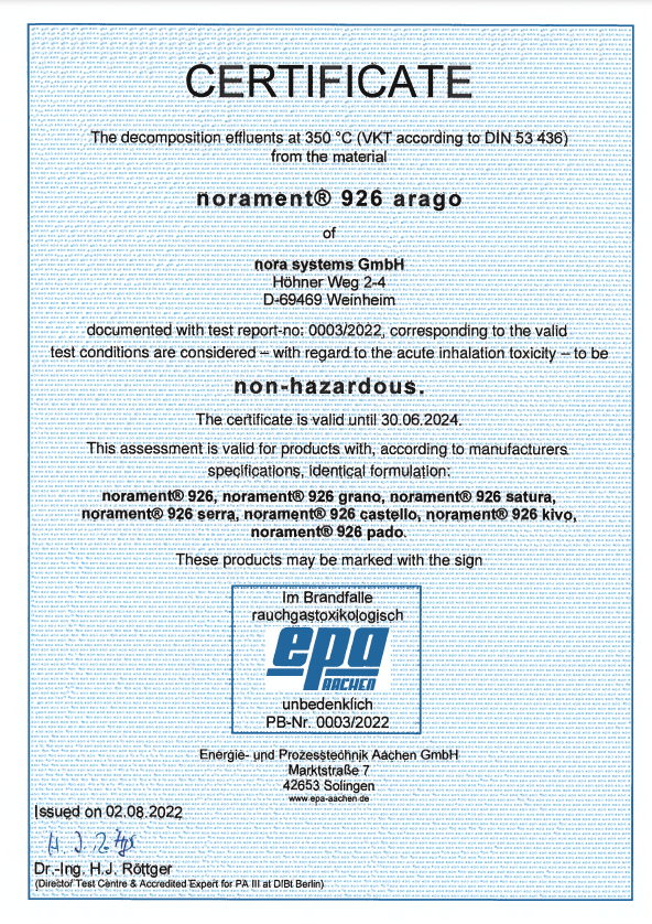 Certificate for norament 926 according to DIN 53436