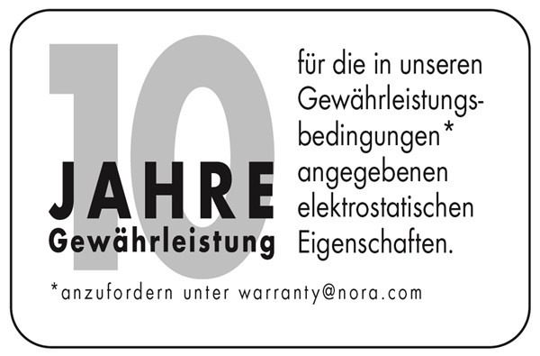 10 Jahres Gewährleistung auf elektrostatischen Eigenschaften von nora Bodenbelägen